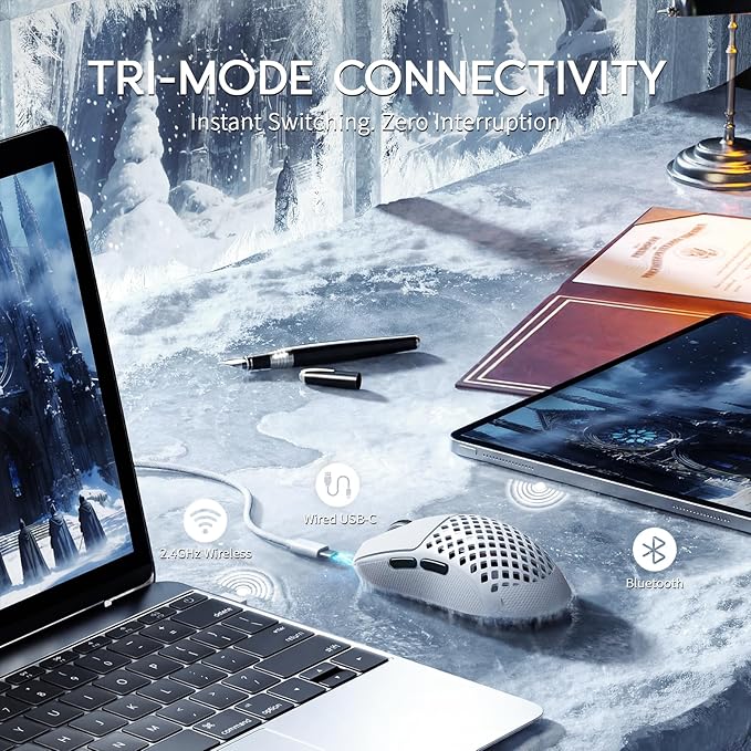 MAMBASNAKE M2 Carbon Fiber Wireless Gaming Mouse,PAW3395PRO 40K DPI Optical Sensor, BT/2.5Ghz/Wired Computer Mice for PC/Mac-White&Griptape
