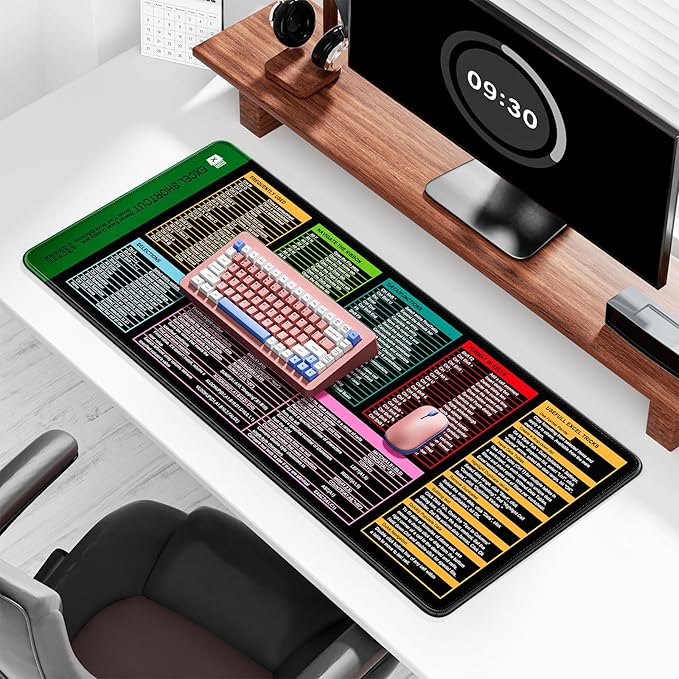 Auhoahsil Large Mouse Pad, XXL Gaming Mousepad, Desk Mat for Desktop, Thick Rubber, Big & Long Size, Stitched Edges, Full Desk Pad for Laptop & Computer, Extended 35.4 x 15.7 in, Excel Shortcut Keys