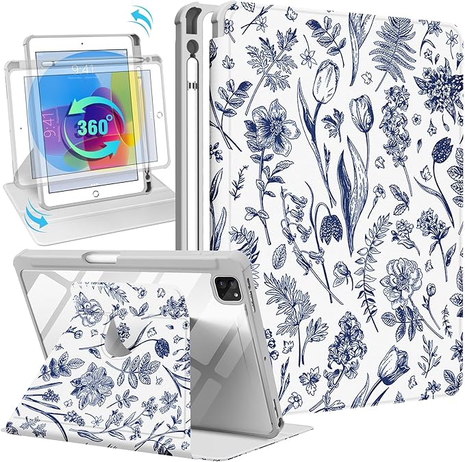 Uppuppy for iPad Pro 12.9 Case Folio Cover with Pencil Holder Girls Women Cute Girly Teens Blue Flower Pretty Kawaii Floral Rotating Stand for Apple iPad Pro 12.9 Inch Cases 2022/2021/2020/2018
