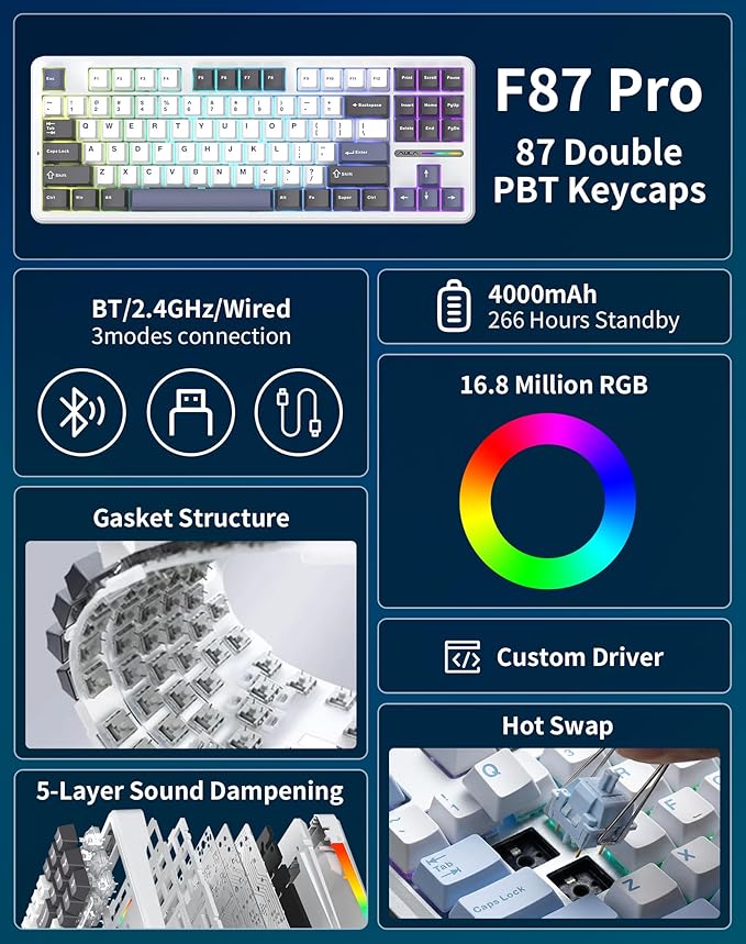 Aula F87 Pro Wireless Mechanical Keyboard, 87-Key TKL Tri-Mode (BT5.0/2.4G/USB-C), Hot Swappable Gasket Mount Keyboard, 4000mAh Battery, RGB Backlit PBT Keycaps Custom Gaming Keyboard for PC Mac