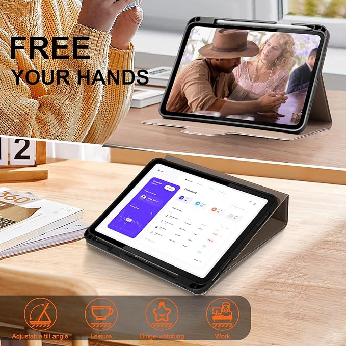 Case for iPad 12th/11th 11 Inch 2025/ 10th Gen 10.9" 2022 with Pencil Holder, Smart Leather Cover with Buckle, Protective, Auto Wake/Sleep, Adjustable Stand, Multiple View Angles,Gray Brown