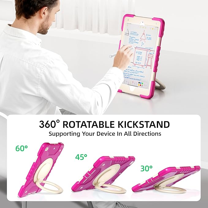 Andnary Case for iPad 9th/8th/7th Generation 10.2 inch, Shockproof Cover with Screen Protector/360° Rotating Handle/Bracket/Pen Holder/Shoulder Strap, Kid Case for iPad 2021/2020/2019 (Rose Red+White)