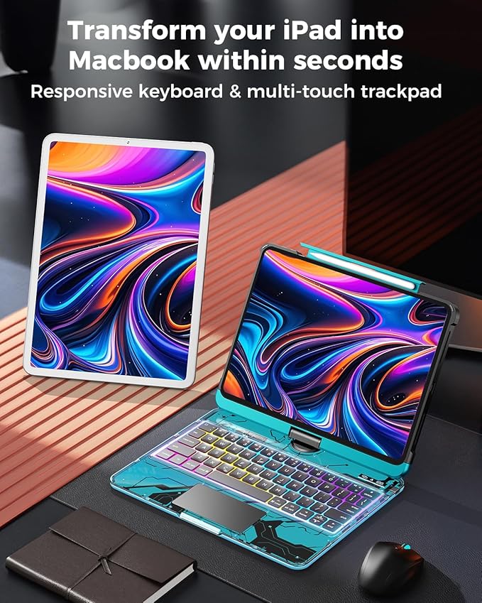 SIBEITU 360 Rotatable Wireless Keyboard Case for iPad Pro 13 Inch (M5 2025 / M4 2024), Multi-Touch Trackpad, 7-Color Backlight & 3-Brightness Levels, Clear Protective Cover with Pencil Holder, Blue