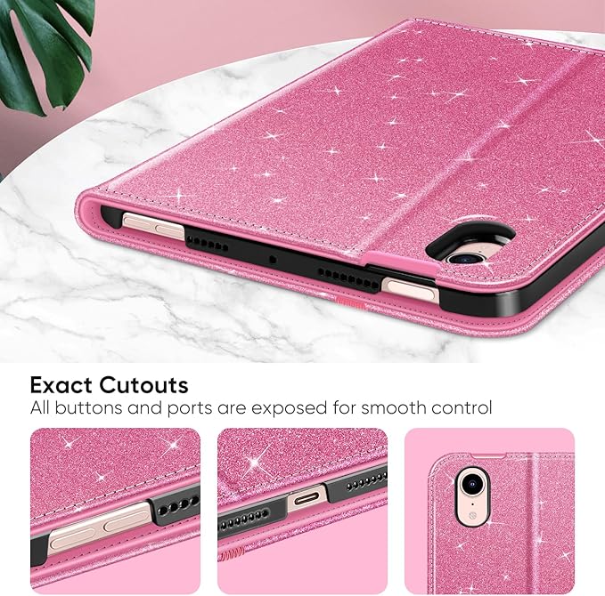 Fintie Folio Case for iPad Mini 7 (A17 Pro, 7th Generation) 2024 / iPad Mini 6 (6th Gen) 8.3 Inch, Multi-Angle Smart Stand Cover with Pencil Holder & Pocket, Auto Sleep/Wake, Glittering Pink