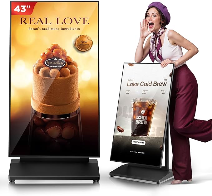 43 Inch Digital Signage Display, 4K 800 Nits UHD Full Screen LCD Advertising Kiosk, Portable Floor Standing Auto AD Player Android14 App-Based Control with USB/HDMI/WiFi