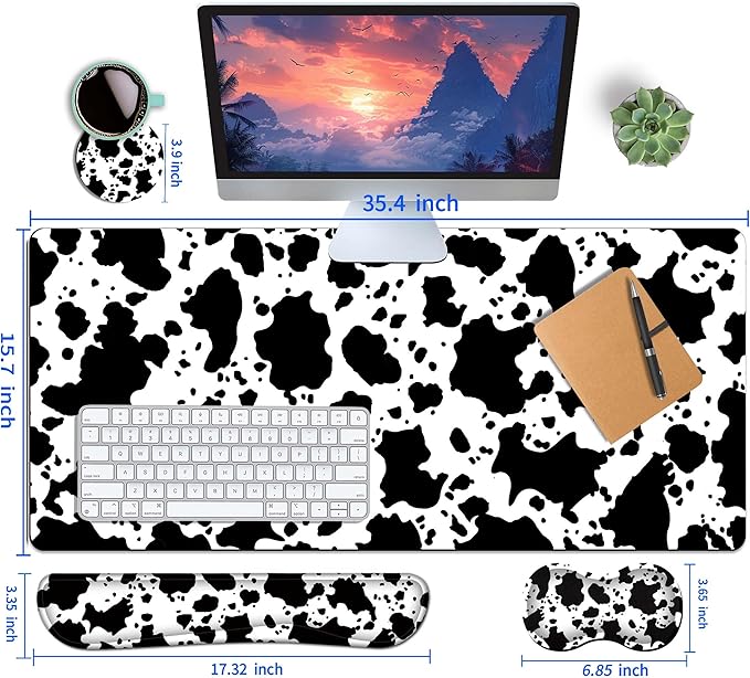 4-Piece Extended Large Mouse Pad Set for Women Men with Cow Print Design Includes 35.4 x 15.7 XXL Large Mouse Pad Keyboard Wrist Rest Mouse Wrist Support and Coaster for Office Home