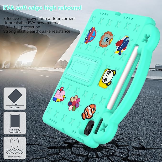Dteck for iPad Air 6th Gen 11 Inch Case 2024,iPad Pro 11 Inch Case 2024 5th Gen(M4),Cartoon Panda Shockproof Rugged Lightweight Convertible Stand Kids Friendly Tablet Case with Handles,Mint Green