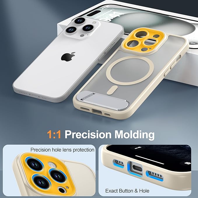 Magnetic Compatible with iPhone 13 Pro Case, [Built-in Kickstand][Full Camera Protection][Compatible with MagSafe][Anti-Fingerprint] Shockproof Phone Case for iPhone 13 Pro 6.1",Beige & Yellow
