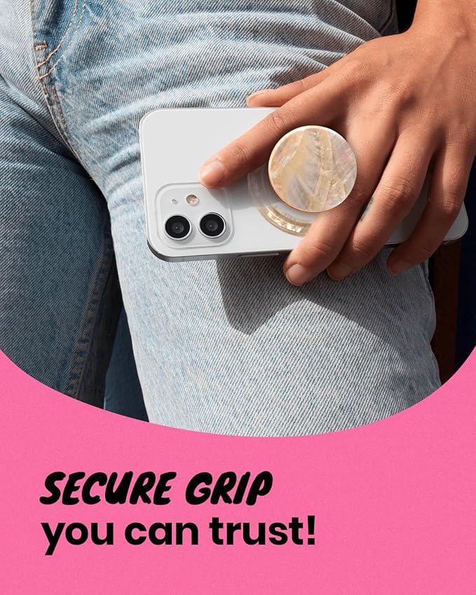 On The Grip Magnetic Phone Grip for MagSafe, Genuine Natural Crystal & Seashell Stone, Swappable Top, Strong Magnet Holder & Kickstand for iPhone 15 14 13 12 Pro Max Plus & MagSafe Cases (Crème)