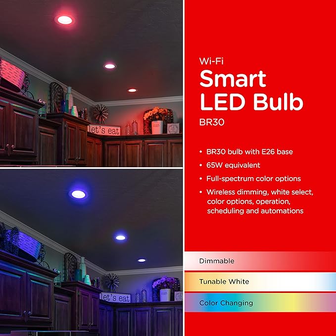 UltraPro Wi-Fi LED Smart Light Bulb, BR30, 65W Equivalent, RGB, Color Changing, White Select Tunable 2700K - 6500K, Dimmable, 2.4GHz Router Required, Circadian Rhythm, Easy-to-Use App, 51447