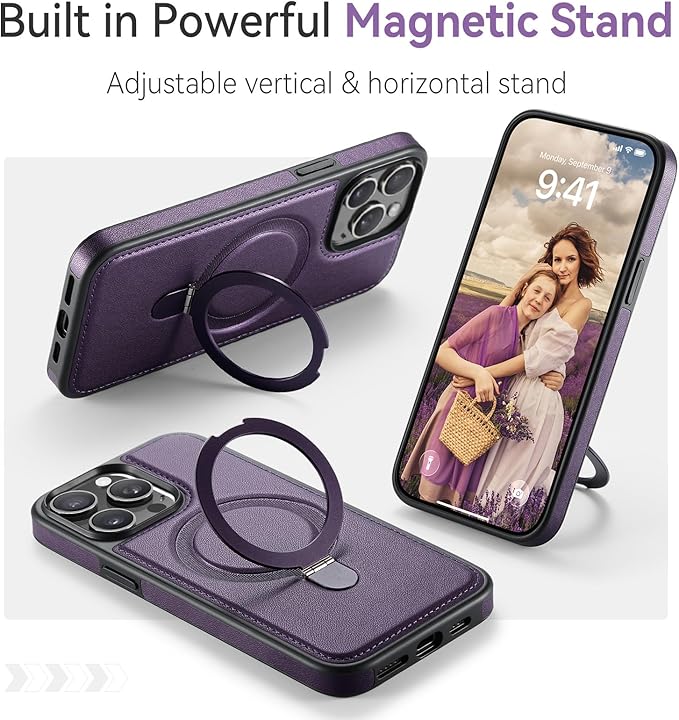 Compatible with iPhone 14 Pro Max Case with Stand, Compatible with MagSafe, Slim PU Leather & Durable TPU Protective Cover Drop-Proof with Tempered Glass Screen Protector 6.7", Purple