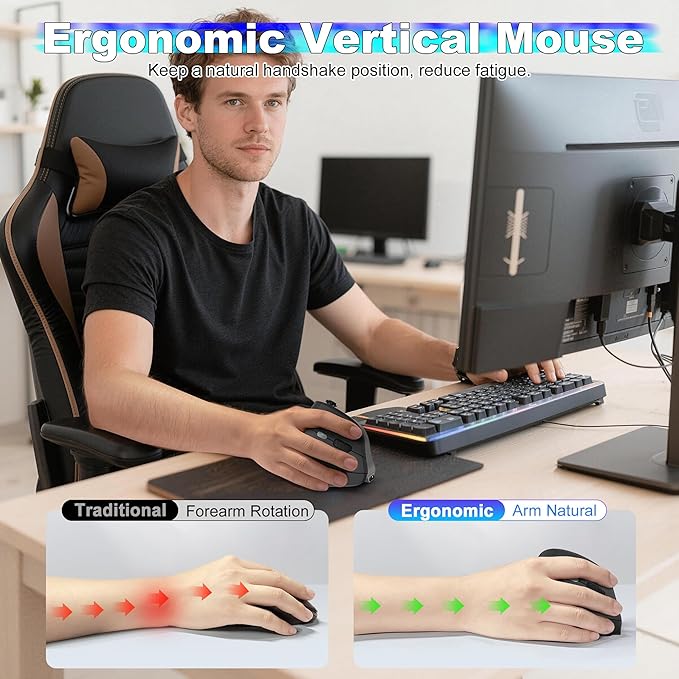 TRELC Wireless Gaming Mouse with 5 D Rocker, 24000 DPI/11 Programmable Buttons, Ergonomic Mouse for 2 Devices Connection (BT+2.4GHz), Vertical Rechargeable Mice for PC/Laptop/E-Sports/Gamer (Black)