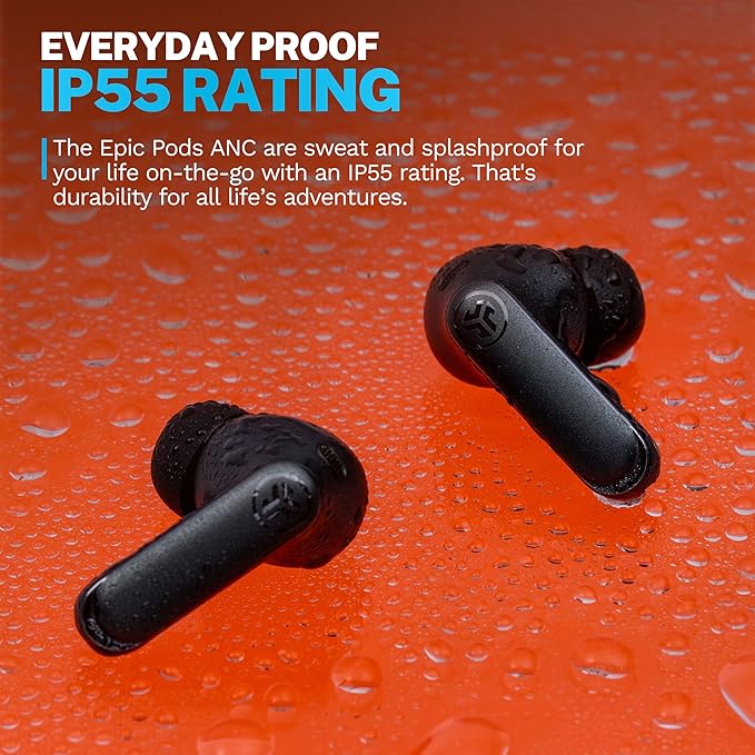 JLab Epic Pods ANC, True Wireless Earbuds, Active Noise Cancelling, Bluetooth, Black