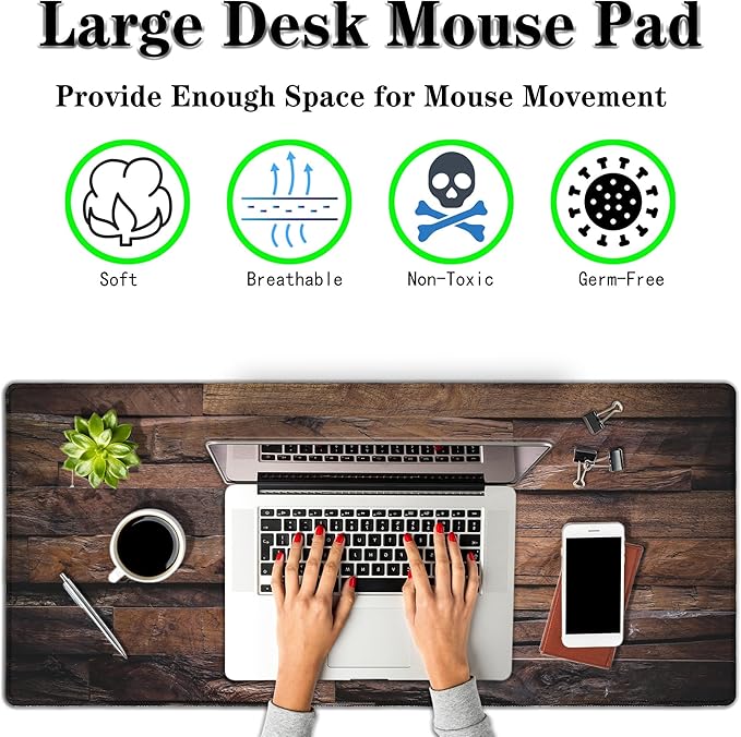 Gaming Mousepad Computer Desk Pad, Computer Desk Mats XXL Mouse Pad, Pc Gaming Mat Waterproof Non-Slip Rubber Base, 35.4" X 15.7" for Work/Game/Office Dark Wood, Vintage Natural Wooden Board