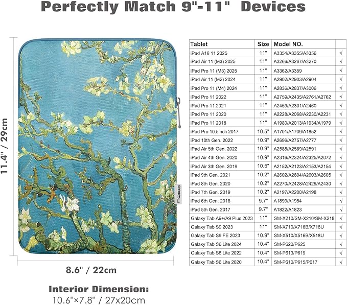 MoKo 9-11 Inch Tablet Sleeve Bag Carrying Case Fits New 11inch iPad Air M4, iPad A16 2025, iPad Pro 11 M4, Air 5/4/3, iPad 10/9/8th Gen, Tab S8/S9 11", Tablet Carrying Case, Apricot Flower