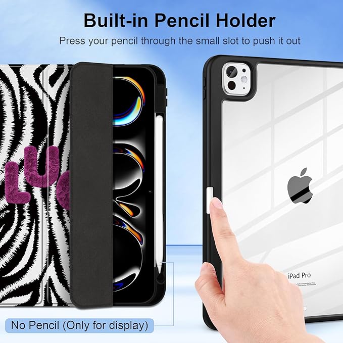 TWOLSKOO Case for iPad Pro 11-inch (M5 2025 / M4 2024), Clear Acrylic Back with TPU Bumper, Pencil Holder, Trifold Stand, Auto Sleep/Wake, Zebra Stripes