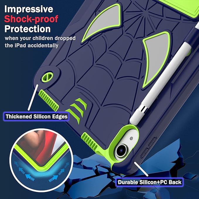Dteck for iPad Air (3rd Generation) 2019/iPad Pro (2017 Release) Hard Case 10.5" with Kickstand, Shoulder Strap/Screen Protector Film/Stylus Included, Shockproof Cute Spider Kid's Cover, Blue/Green