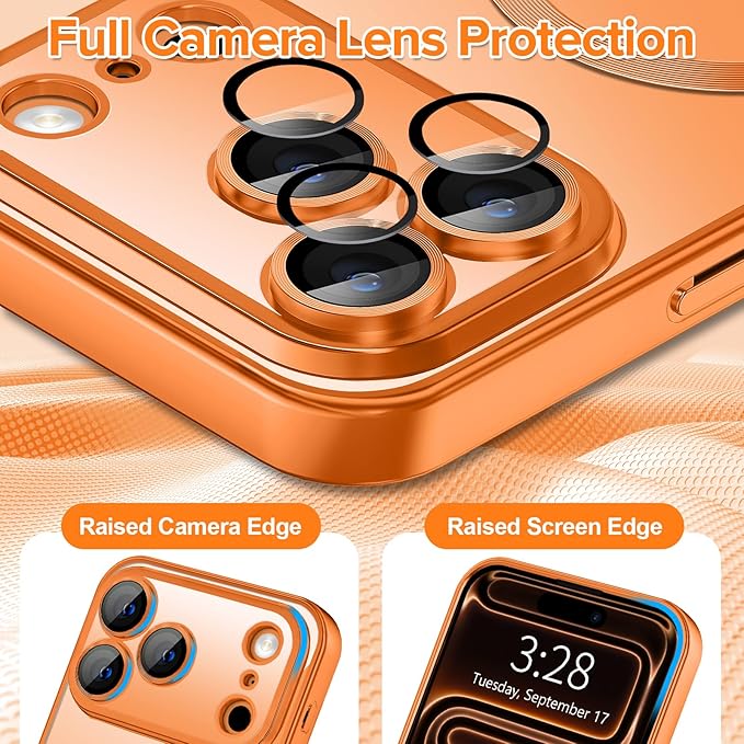 Hython Magnetic Clear for iPhone 17 Pro Max Case with Camera Lens Protector [Compatible with MagSafe] Plating Edge Slim Soft TPU Cover Protective Phone Case for iPhone 17 Pro Max 6.9", Matte Orange