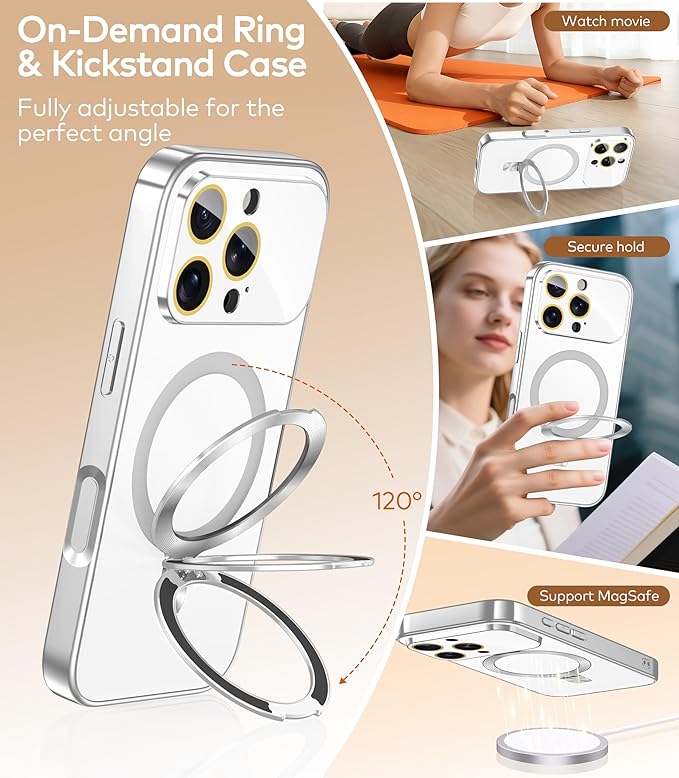 TOBOVON Magnetic for iPhone 16 Pro Max Case with Ring Stand, Fits MagSafe, with Built-in Camera Lens Protector, Slim Electroplated Shockproof Phone Cover, Silver
