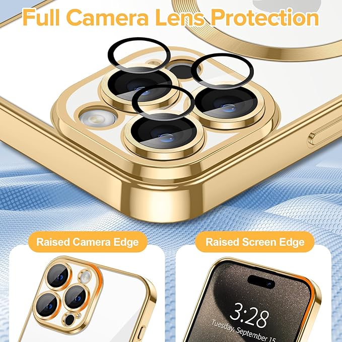 Hython Magnetic Clear for iPhone 15 Pro Case with Camera Lens Protector [Compatible with MagSafe] Luxury Plating Edge Slim Soft TPU Cover Protective Phone Case for iPhone 15 Pro 6.1", Gold