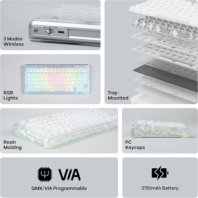 KiiBoom Jade75 75% Resin Molding Mechanical Keyboard, BT5.0/USB-C/2.4GHz Wireless Gaming Keyboard, QMK&VIA Programmable, RGB Backlits, Hot-Swappable, CNC+UV Case for Windows/Mac/Linux (White)