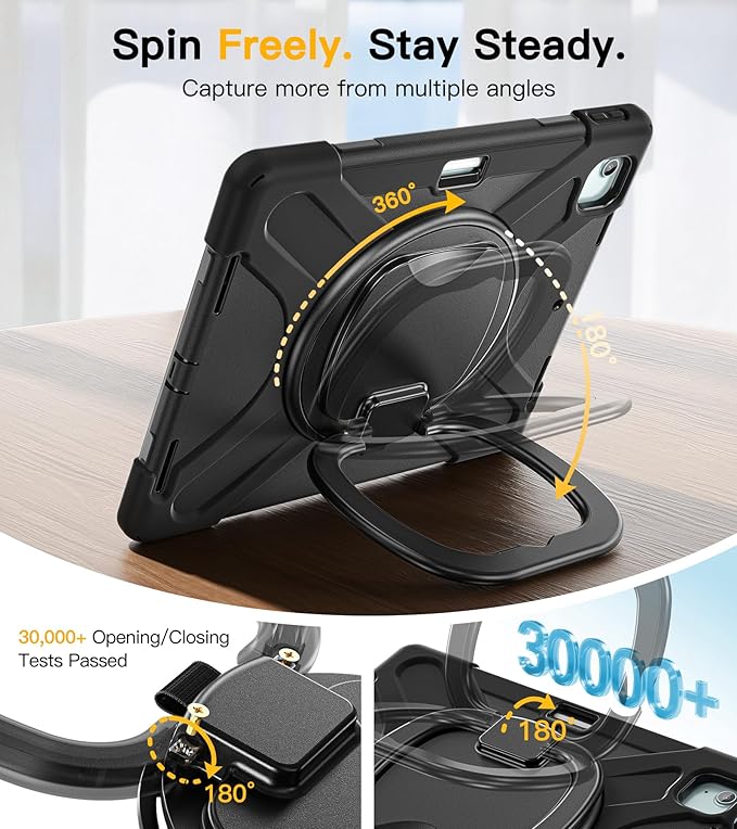BRAECN for iPad Air 13 Inch Case M4 2026/M3 2025/M2 2024, Rugged iPad Pro 12.9 Inch 6th/5th/4th/3rd Gen Cover with Kickstand, Swivel Handle Grip, Shoulder Strap, Apple Pencil Charging Holder, Black