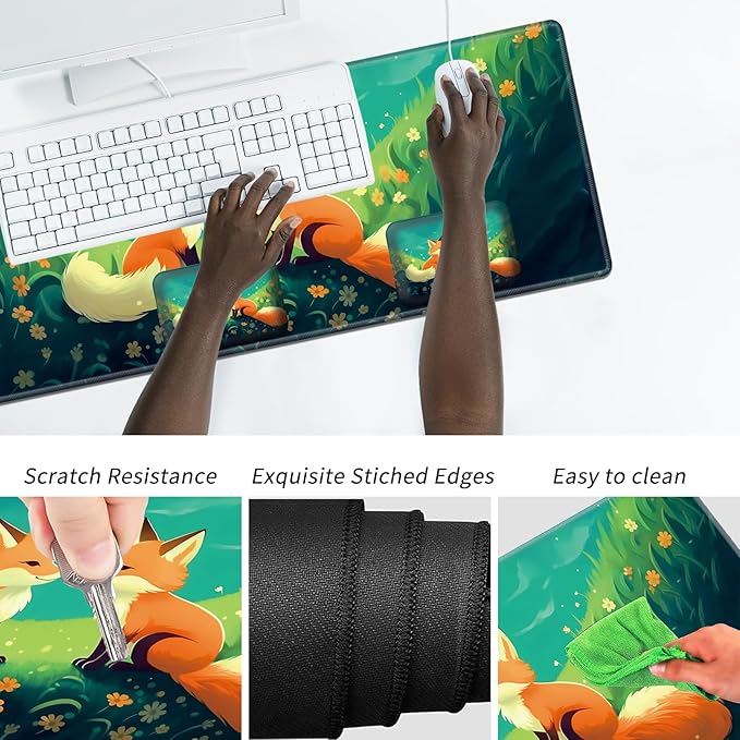 Wrist Elbow Support Arm Rest Desk Mouse Pad Set,Large Mouse Pad + 2 Elbow Rest Pad + Coaster,(31.5×11.8 in) Ergonomic Memory Foam for Office,Gaming,Computer,Laptop-Cute Fox