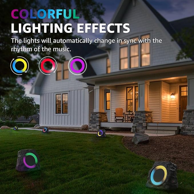 uuffoo 2-Pack Rock Speakers Outdoor Waterproof with RGB Color Lights Multi-Sync Up to 100 Speakers,Auto-Pairing,Solar-Powered and USB Charging for Patio Pool Party Yard Garden Outside