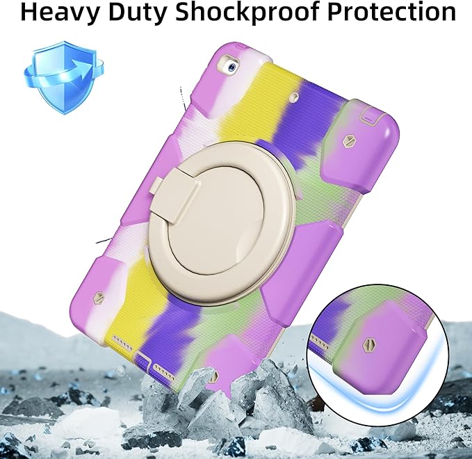 Andnary Case for iPad 9th/8th/7th Generation 10.2 inch, Shockproof Cover with Screen Protector/360° Rotating Handle/Bracket/Pen Holder/Shoulder Strap, Kid Case for iPad 2021/2020/2019(Colorful Purple)
