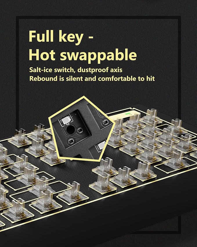 104-key Full-Size Gaming Mechanical Keyboard, Transparent keycap RGB Backlight, Salt ice switches, hot-swappable feet, no Conflict in All Keys, Supports USB-C/Bluetooth/Wireless 2.4G
