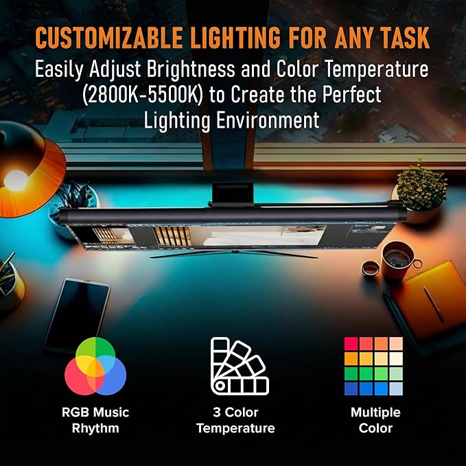 Beam RGB Monitor Light Bar | LED Monitor Lamp for Computer & Desk | Adjustable Backlight & Front White Light | Eye Caring Screen | Touch Control, USB Powered | Space Saving Clamp | Matte Black