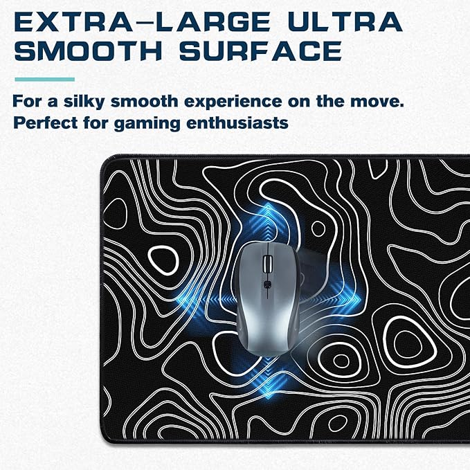 Mouse Pad Gaming - Desk Mat for Keyboard and Mouse - Large Mouse Pads for Desk, Black Topographic Gaming Mousepad with Non-Slip Base, Desks Pad (31.5" X 11.8") for Game, Office and Home