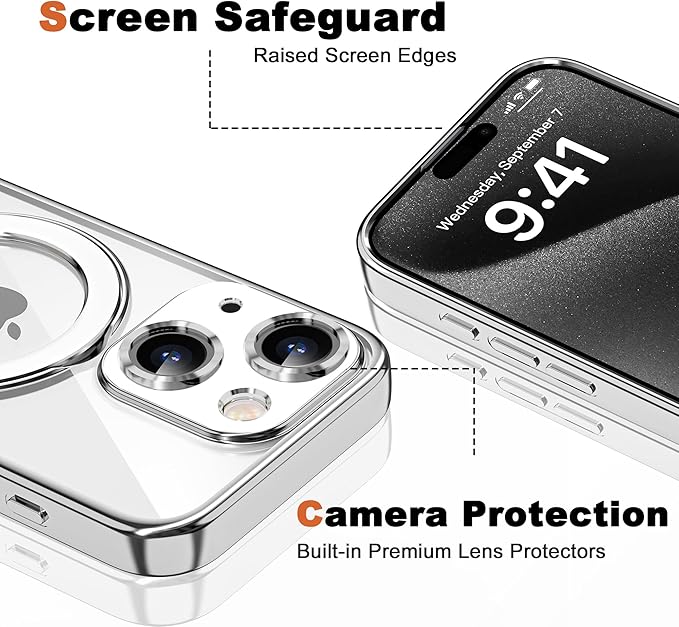 Compatible with iPhone 15 Plus Case with Invisible Magnetic Ring Stand [Compatible with Mag-Safe] [Full Camera Lens Protector] Plating Clear Phone Case for iPhone 15 Plus 6.7", Silver