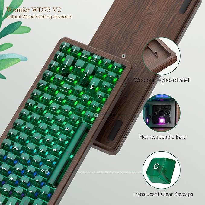 Womier 75% Mechanical Keyboard Wireless with QMK/VIA, WD75 V2 Wood Gaming Keyboard 8000mAh Battery, Tri-Mode Custom Key Board RGB Hot Swappable with Translucent Clear Keycaps-POM Linear Switch