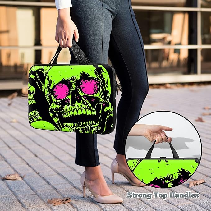 Universal Laptop Sleeve Case 12 inch, Neon Green Skull Slim Carrying Case Handbag Travel Laptop Bag for Surface Pro 9 8 7/Laptop Go 2 3, MacBook Air 11/12