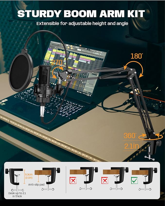 XLR Podcast Microphone, Professional Cardioid Studio Condenser Microphone XLR with 26mm Large Diaphragm for Recording, Streaming, Gaming, ASMR, Computer PC Mic Kit with Boom Arm, Pop Filter