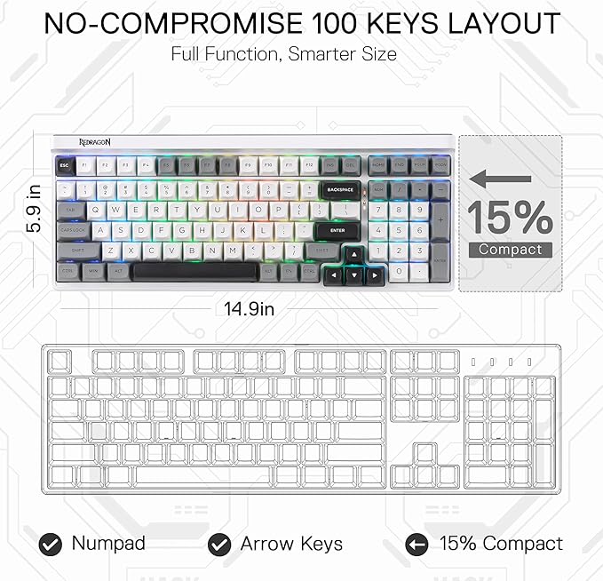 Redragon K656 PRO 3-Mode Wireless RGB Gaming Keyboard, 100 Keys Mechanical Keyboard w/Hot-Swappable Socket, 3 Noise Dampening Layers, PBT Round Keycaps & Custom Linear Switch, Moondust Gray