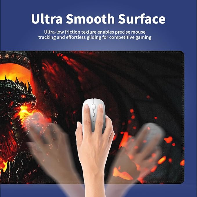 XXL Gaming Mouse Pad with Stitched Edges for PC Home & Office 31.5 x 11.8 inches - Abstract Dragon of Flames and Shadows Design, Smooth Fabric Surface Anti-Slip Rubber Base Large Desk Mat