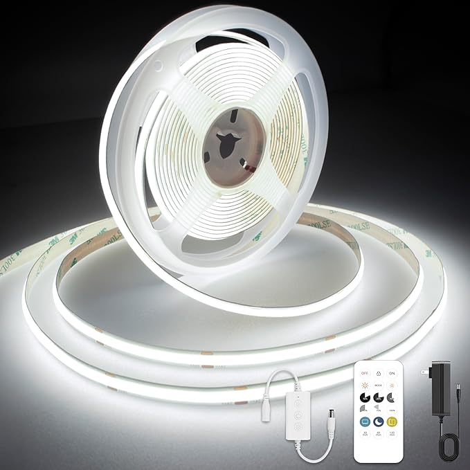 AXMOTUT White COB LED Strip Light, Dimmable 24.6ft/7.5m LED Light, 6000K Daylight White 2400 LEDs High Lumen LED Tape Lights CRI 90+ with RF Remote and UL Power for Bedroom,Kitchen,DIY Home Decoration
