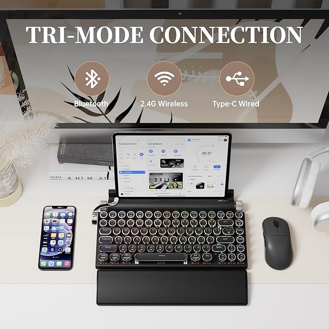 7KEYS Typewriter Keyboard Wireless Retro Style, Vintage Classical Mechanical Keyboard with Bluetooth for IPAD PC/Laptop Mac/Phone (Black+Wrist)