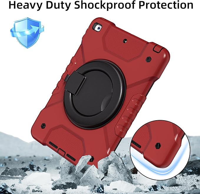 Andnary Case for iPad 9th/8th/7th Generation 10.2 inch, Shockproof Cover with Screen Protector/360° Rotating Handle/Bracket/Pen Holder/Shoulder Strap, Kids Case for iPad 2021/2020/2019 (Red+Black)