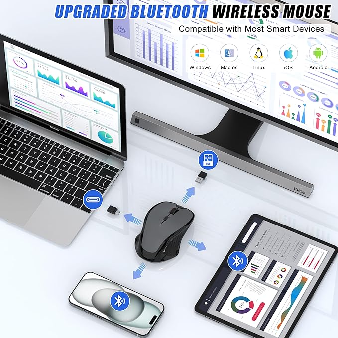 Bluetooth Wireless Laptop Mouse for MacBook Air Pro iPad Mac, Ergonomic Rechargeable Mouse with Jiggler Mode, 2 Mode Bluetooth & 2.4G USB-A/USB-C Receiver, Silent Optical Computer Mice, Grey