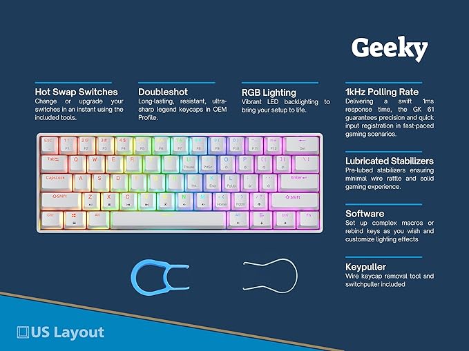 Geeky GK61 60% | Hot Swappable Mechanical Gaming Keyboard | 61 Keys Multi Color RGB LED Backlit for PC/Mac Gamer | ANSI US American Layout (White, Mechanical Black)