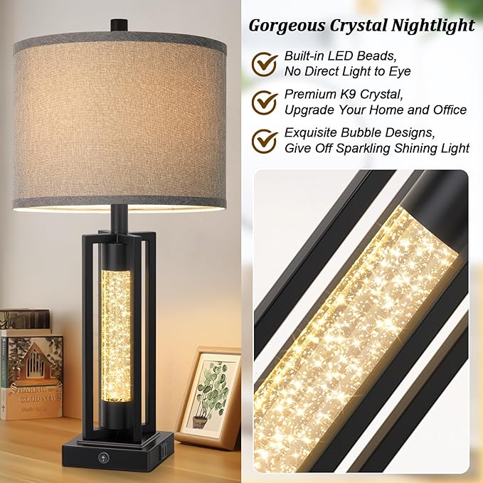 TOBUSA 26’’ Farmhouse Table Lamps for Living Room Set of 2, Modern Nightstand Lamps with Crystal Night Light & 2 USB Ports, Vintage Home Decor Black Bedside Lamps with Gray Linen Shade for Bedroom