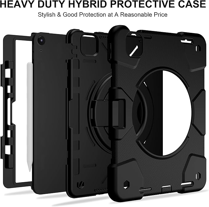Andnary Case for iPad Air 11 inch Case M4/M3/M2 (2026/2025/2024), Heavy Duty Shockproof Cover with Screen Protector, 360° Rotating Stand, Pencil Holder, Shoulder Strap (Black)