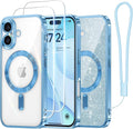 Meifigno Case Designed for iPhone 16 6.1 inch, [Compatible with MagSafe] [2X Screen Protectors] [Glitter Card & Wrist Strap] Surround Lens Protection Designed for iPhone 16 Case Girls, Sky Blue