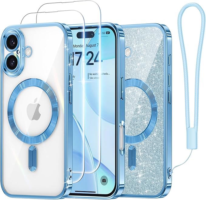 Meifigno Case Designed for iPhone 16 6.1 inch, [Compatible with MagSafe] [2X Screen Protectors] [Glitter Card & Wrist Strap] Surround Lens Protection Designed for iPhone 16 Case Girls, Sky Blue