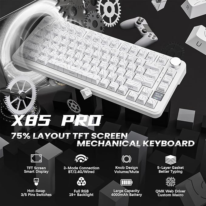 ATTACK SHARK X85Pro Wireless Mechanical Gaming Keyboard with TFT Screen & Knob Hot-Swappable BT5.1/2.4Ghz/USB-C RGB Backlit Gasket Mount Gradient Side-Print PBT Keycaps for Win/PC/MAC-White Contour