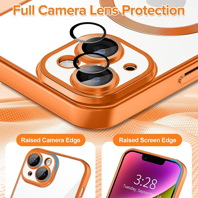 Hython Magnetic Clear for iPhone 14 Plus Case with Camera Lens Protector [Compatible with MagSafe] Luxury Plating Edge Slim Soft TPU Cover Protective Phone Case for iPhone 14 Plus 6.7", Matte Orange