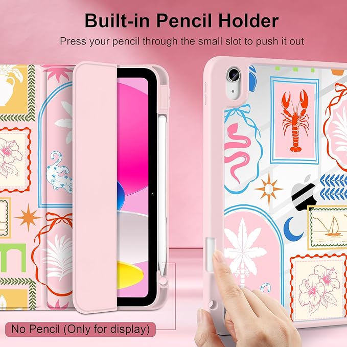Case for iPad Air 13 inch 2026 M4 2025 M3 2024 M2 Release Slim Lightweight Shockproof Cute Light Pink Cover with Clear Back TPU Edge Pencil Holder Trifold Stand Auto Sleep, Creative Collage